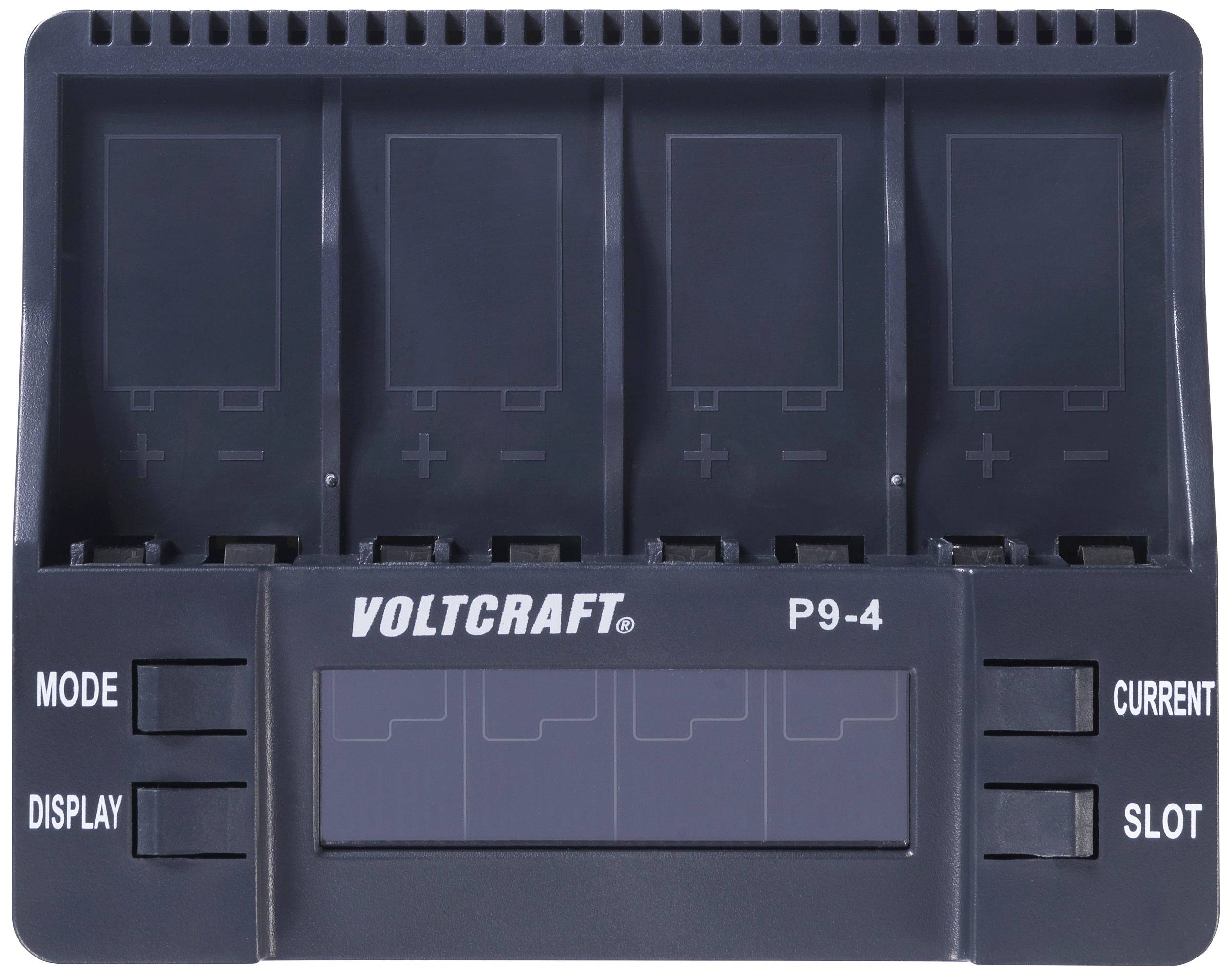 VOLTCRAFT P9-4' polnilnik s štirimi vložnimi mesti, z upravljanjem na sprednji strani z gumbi za nastavitvene in prikazovalne možnosti.