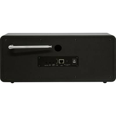 Zadnja stran elektronske naprave z anteno in priključki za AUX, USB, LAN in napajanje. Prisoten je tudi stikalo za vklop/izklop.