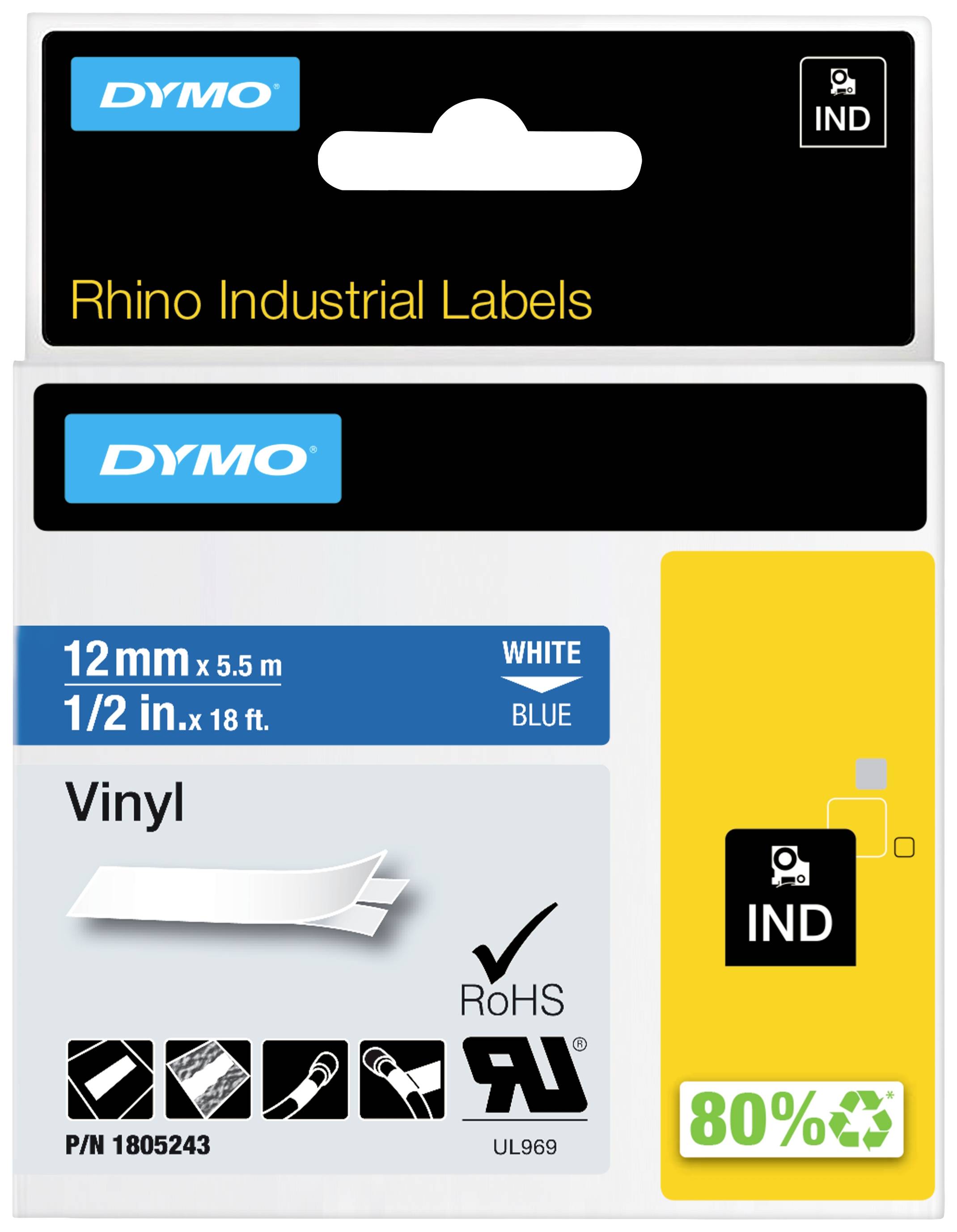 Etiketa za Dymo Rhino industrijski lepilni trak, vinil, 12 mm x 5,5 m, belo-modra, vključuje RoHS in UL969 certifikate.