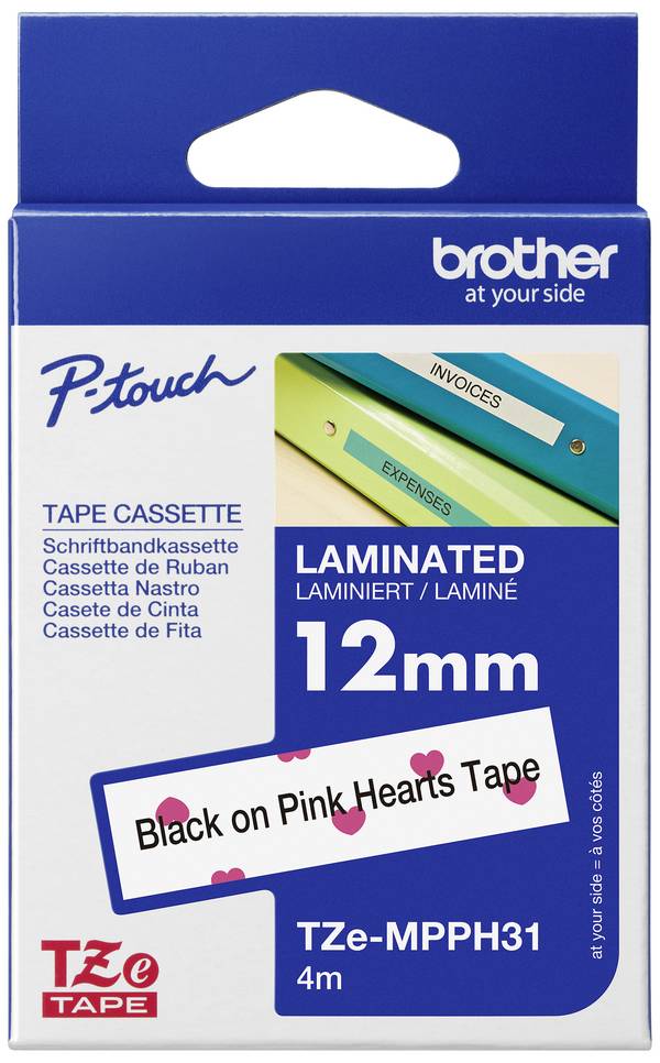 etikete  Brother TZe TZe-MPPH31  Barva traku: bela (z roza srčki) Barva pisave:črna 12 mm 4 m