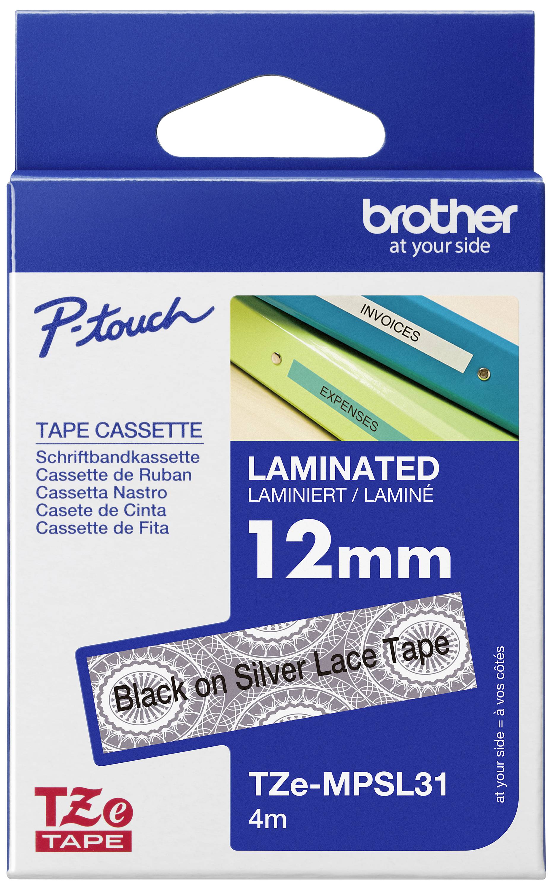 Embalaža Brother P-touch za laminirni trak, širina 12 mm, dolžina 4 m. Na sliki so mape z nalepkami.