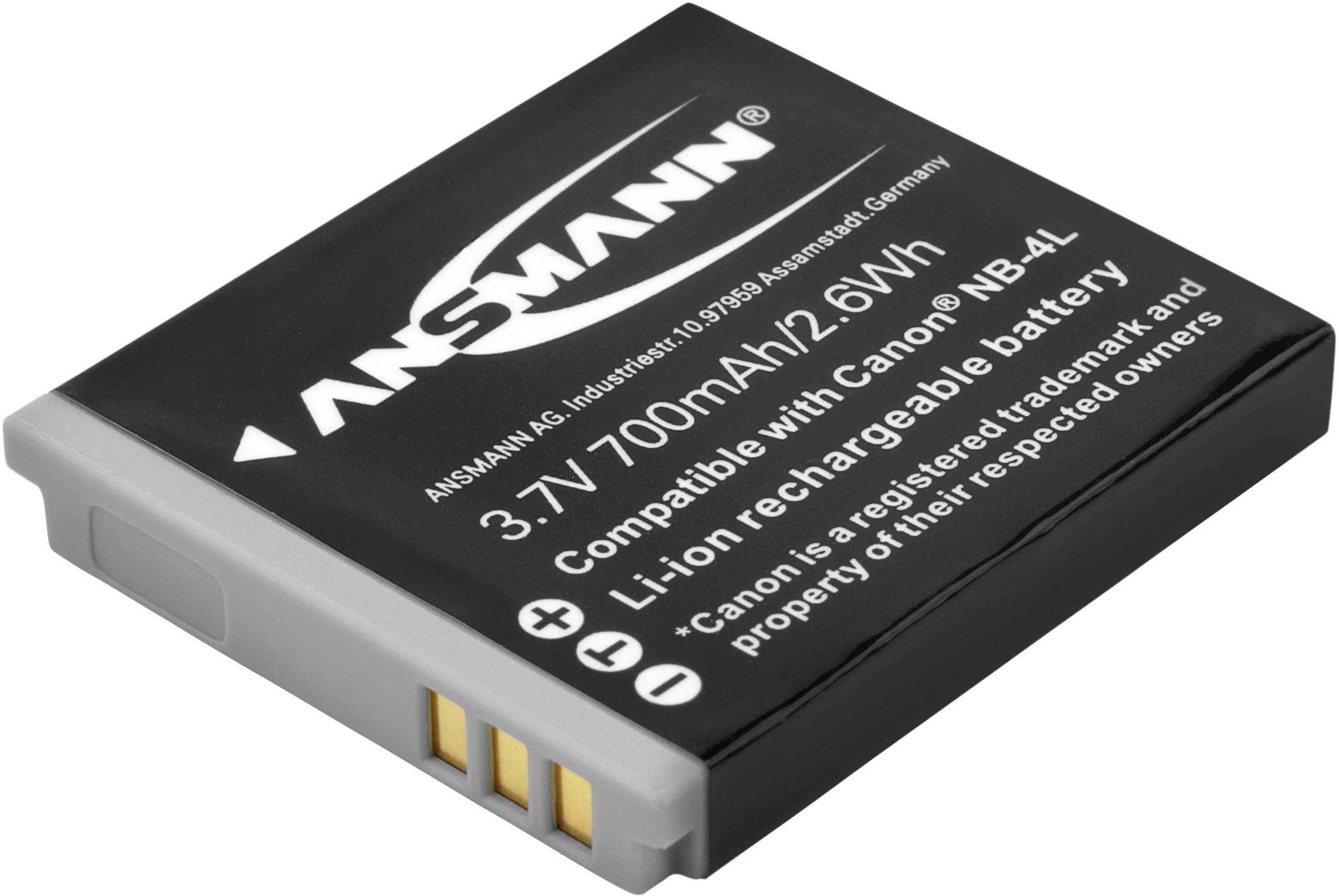 Akumulator z napisom '3,7V 700mAh/2,6Wh, združljiv s Canon NB-4L, Li-Ion polnilni akumulator', blagovne znamke Ansmann.