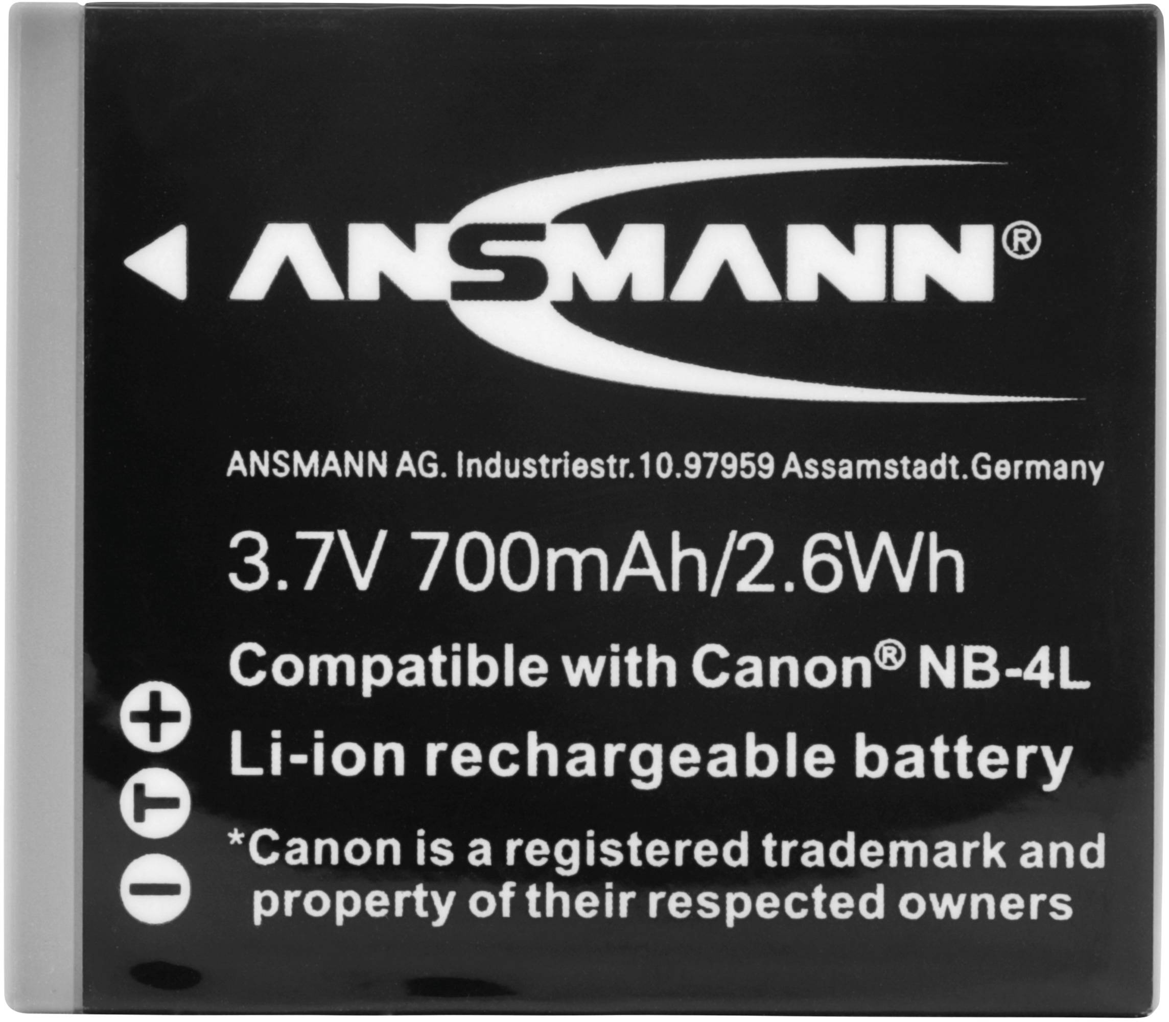 Litij-ionski akumulator, 3,7V 700mAh, združljiv s Canon NB-4L, znamka Ansmann, črna embalaža z belim besedilom in tehničnimi specifikacijami.