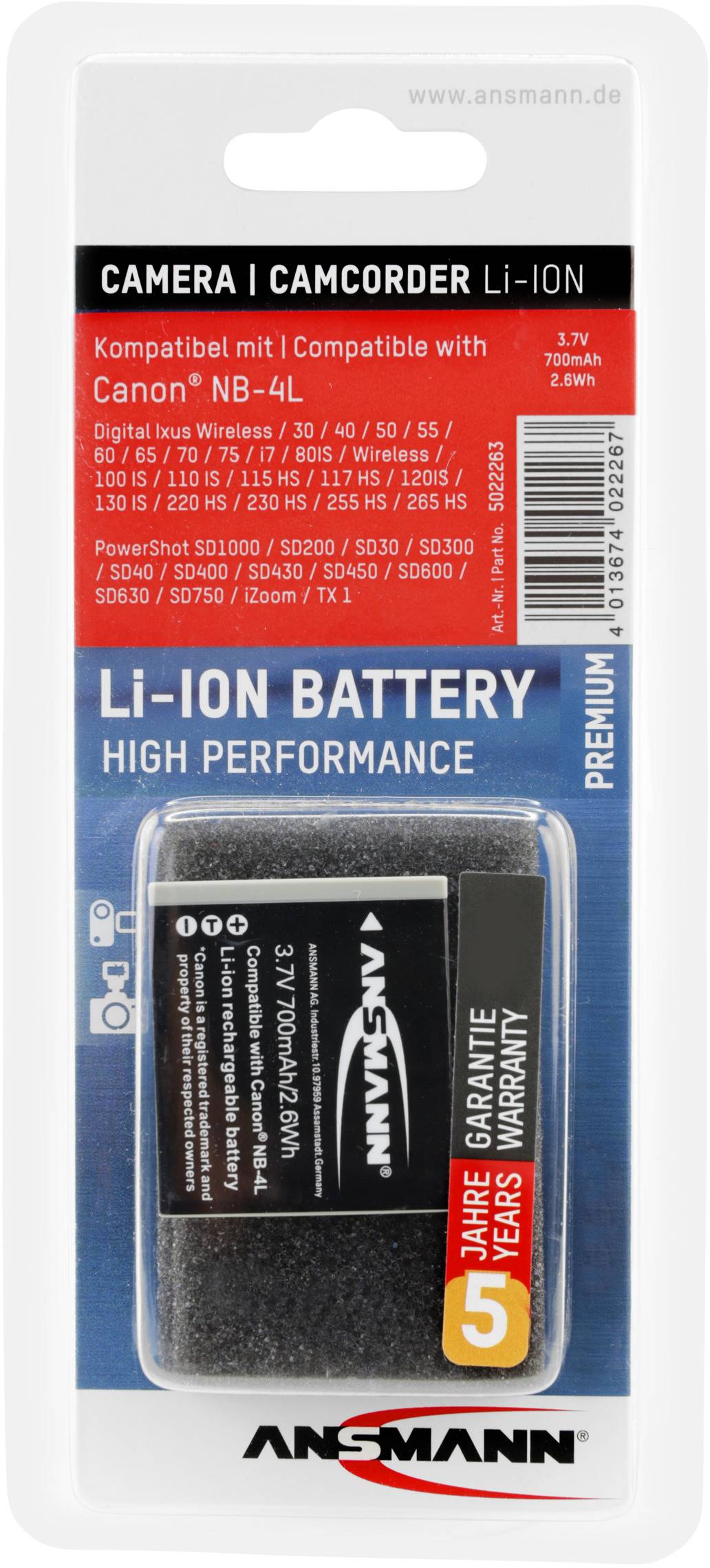 Baterijski paket Ansmann, združljiv s Canon NB-4L. 3,7V, 750mAh. Vsebuje garancijsko obvestilo, seznam modelov fotoaparatov in videokamer.