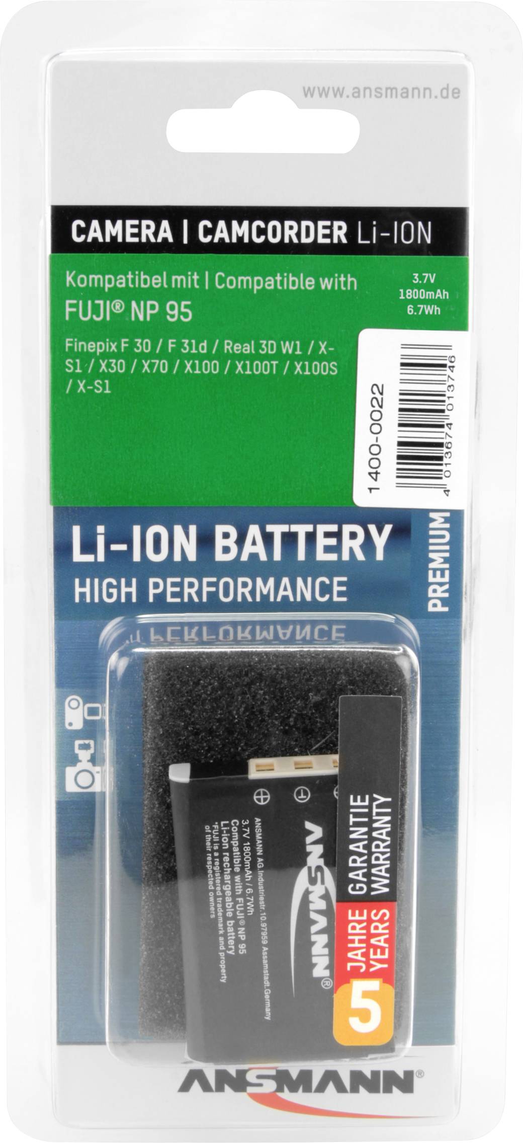 Embalaža Ansmann Li-Ion baterije za fotoaparat/videokamero, združljive z Fuji NP 95. Kapaciteta: 1100mAh, 3,7V.