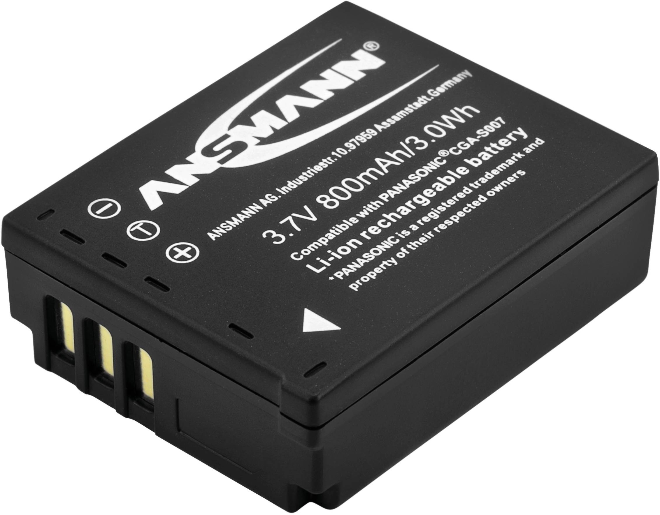 Črna litij-ionska baterija znamke Ansmann z napetostjo 3,7V in zmogljivostjo 800mAh, združljiva s Panasonic CGA-S007.