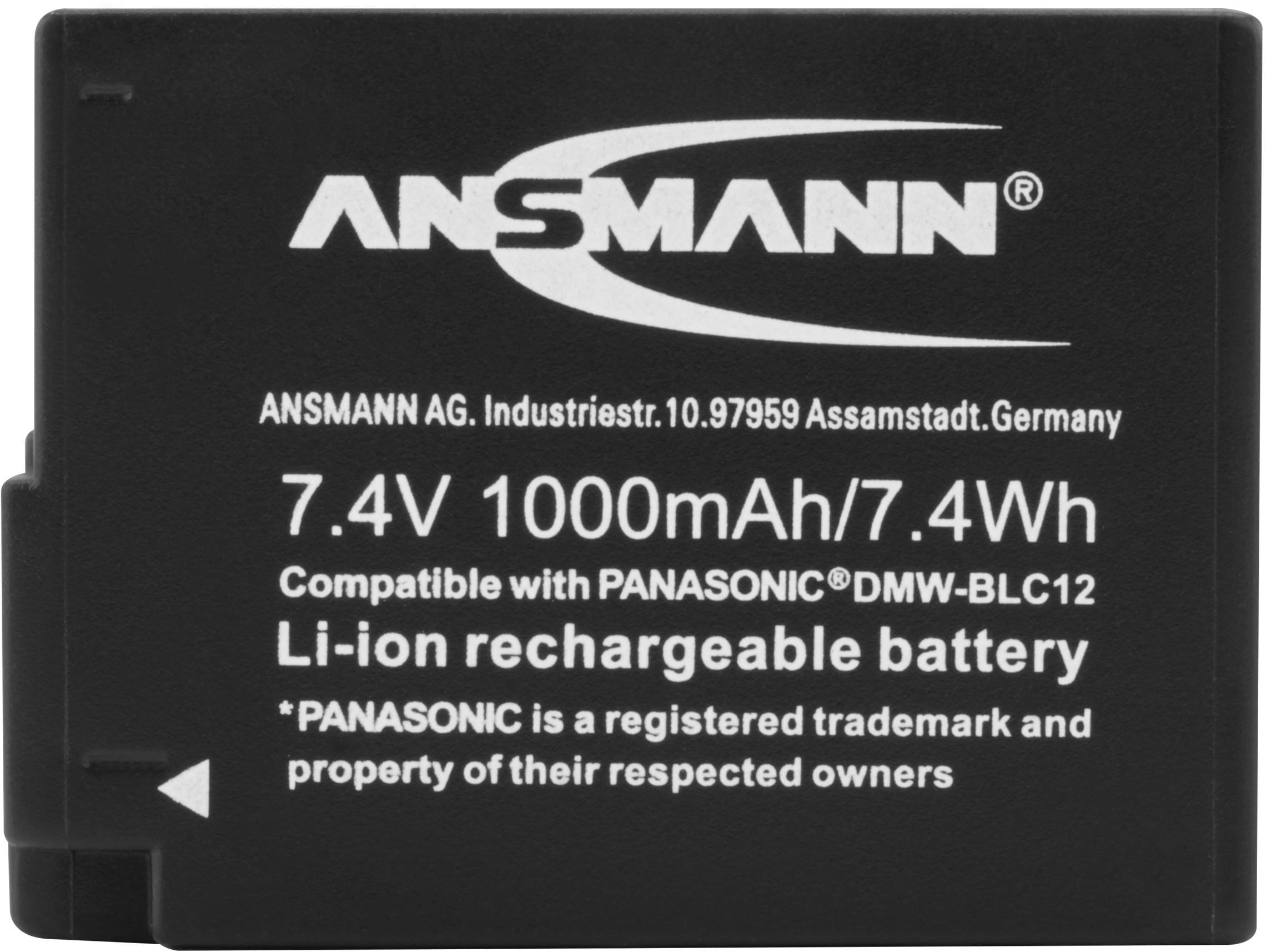 Črna litij-ionska baterija z napisom 'ANSMANN 7.4V 1000mAh/7.4Wh', združljiva s Panasonic DMW-BLC12, izdelana v Nemčiji.