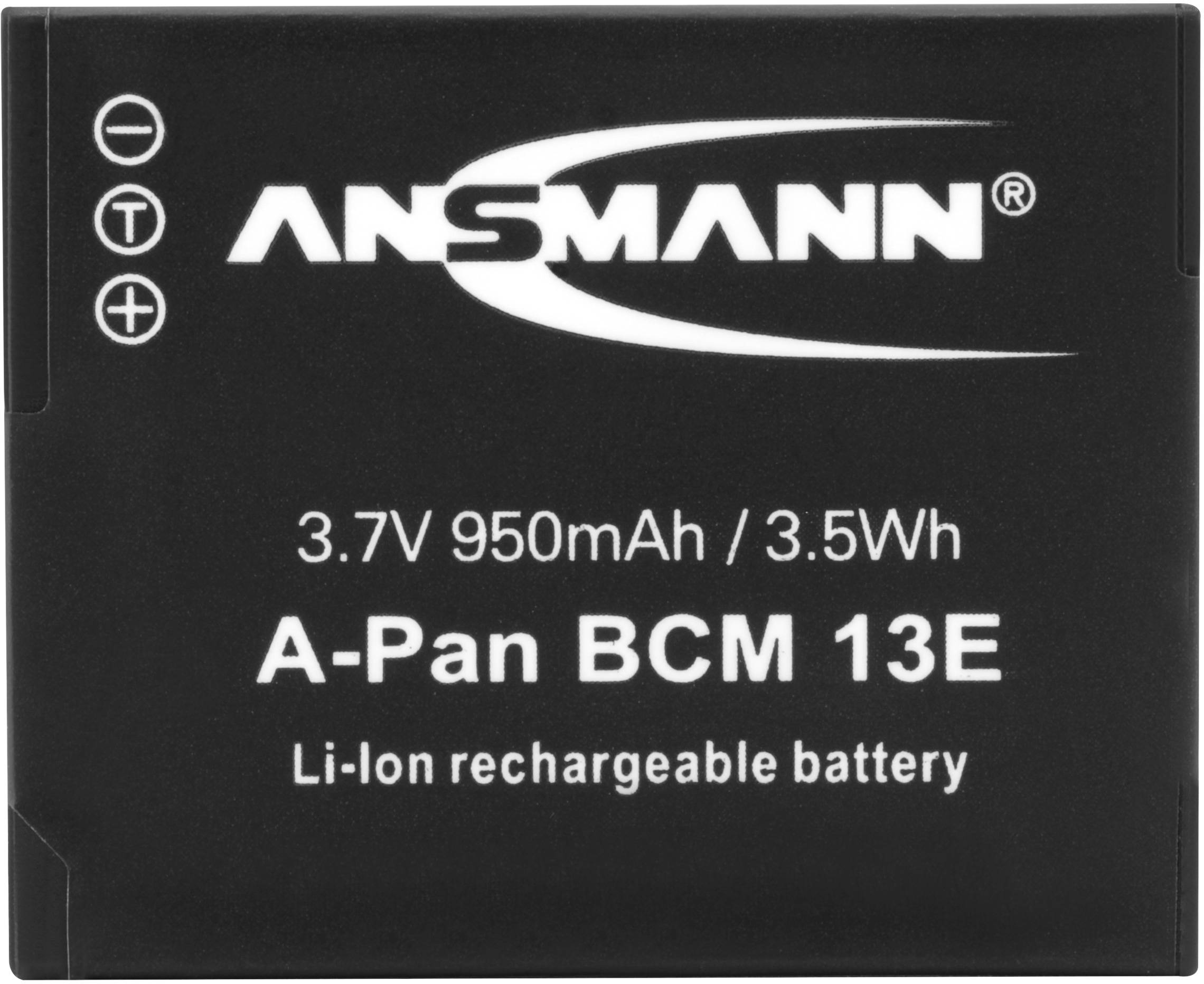 Črna Li-Ion akumulatorska baterija z napisom 'ANSMANN'. Ima napetost 3,7V, kapaciteto 950mAh/3,5Wh, model 'A-Pan BCM 13E'.