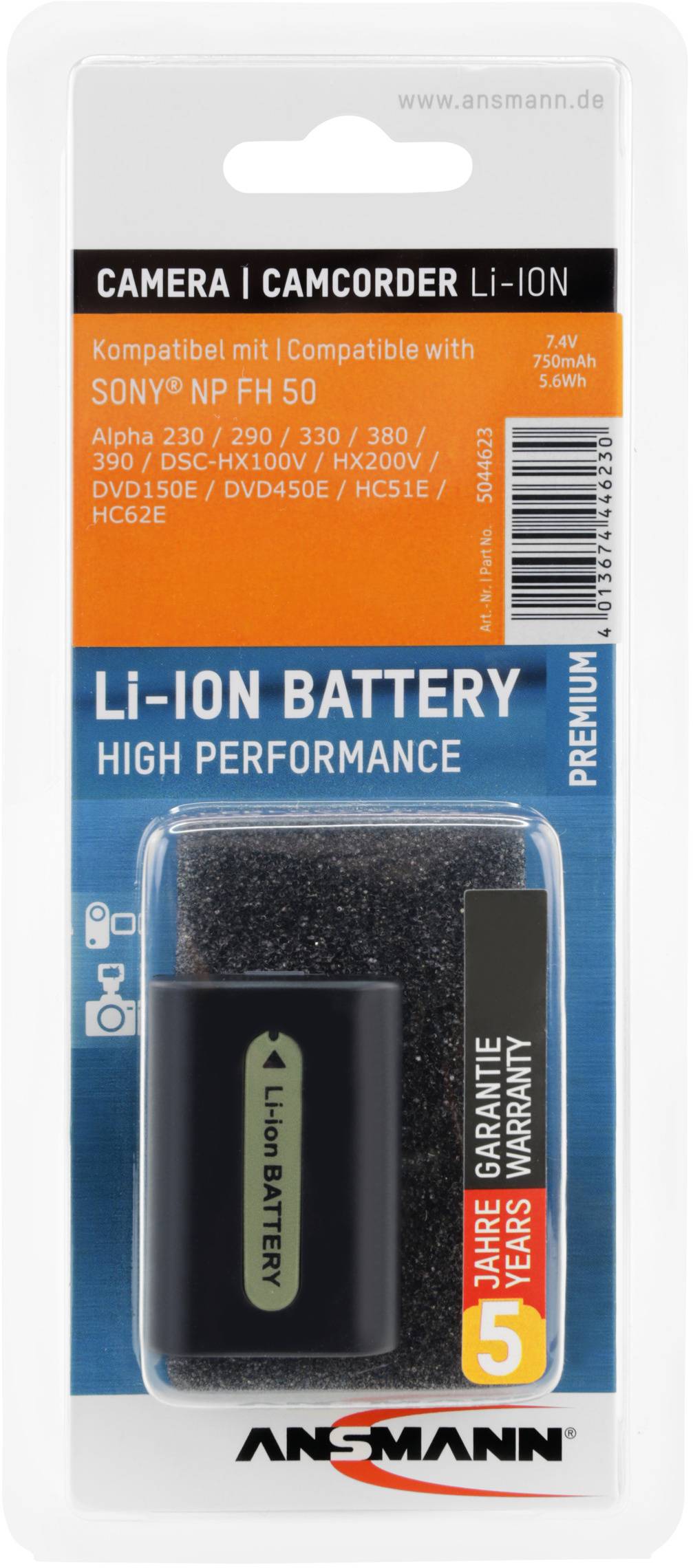'Embalaža litij-ionske baterije za fotoaparat/videokamero znamke Ansmann, združljive z različnimi modeli Sony, 7,4V, 550mAh.'