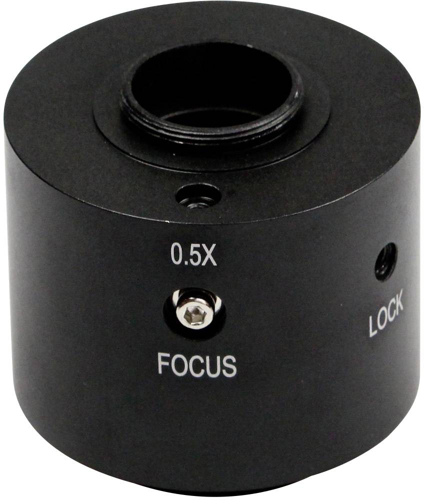 Črn adapter objektiva kamere z oznakami '0.5X', 'FOCUS' in 'LOCK', namenjen pritrditvi na optične naprave.