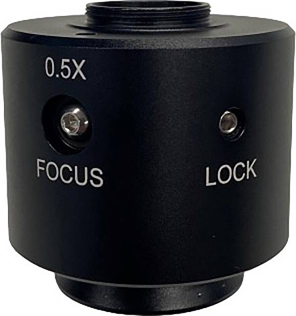Črn adapter objektiva kamere z oznakami '0.5X', 'FOCUS' in 'LOCK', namenjen pritrditvi na optične naprave.