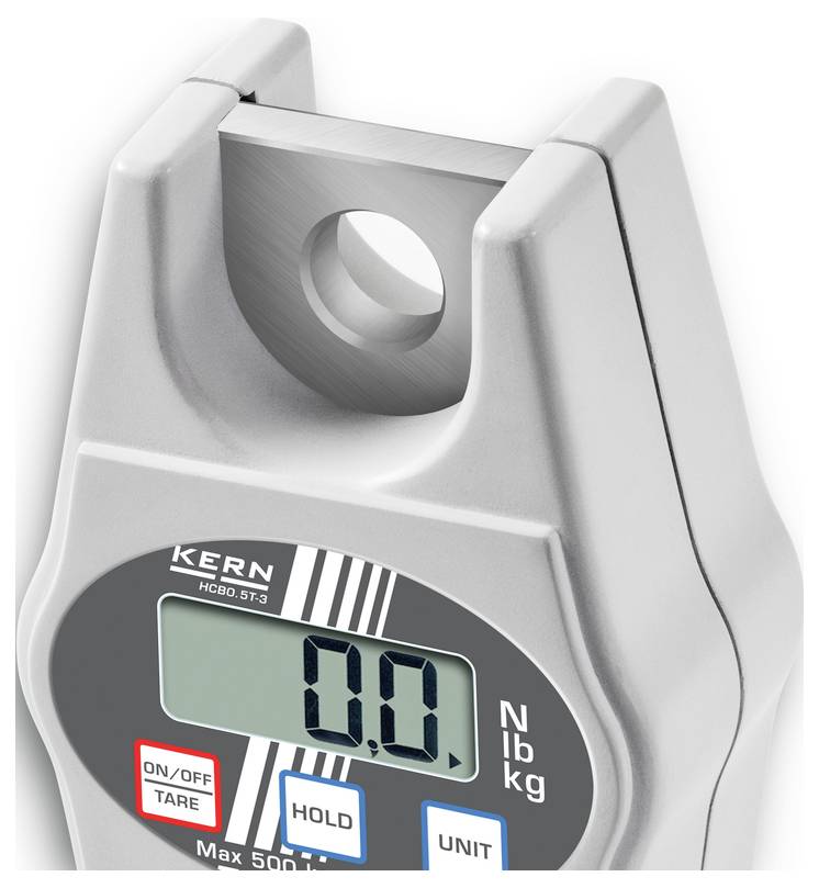 Digitalna viseča tehtnica z zaslonom, prikazuje '0.0'. Tipke za vklop/izklop, tariranje, zadrževanje in enoto. Maksimalna nosilnost 500 kg.