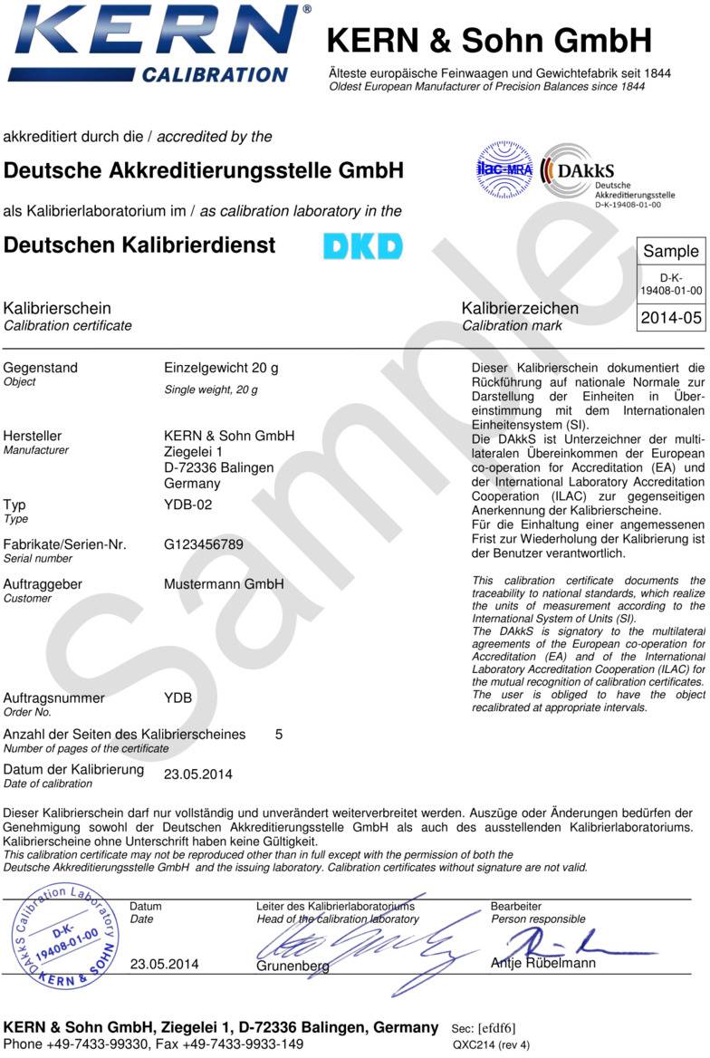 Kalibracijski certifikat podjetja KERN & Sohn GmbH, izdan s strani Nemškega akreditacijskega organa. Številka dokumenta YDB-01-00123, izdan dne 2014-05.