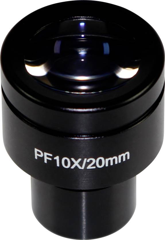 Črno mikroskopsko okularno steklo z napisom 'PF10X/20mm', prikazuje 10-kratno povečavo z 20 mm vidnim poljem.