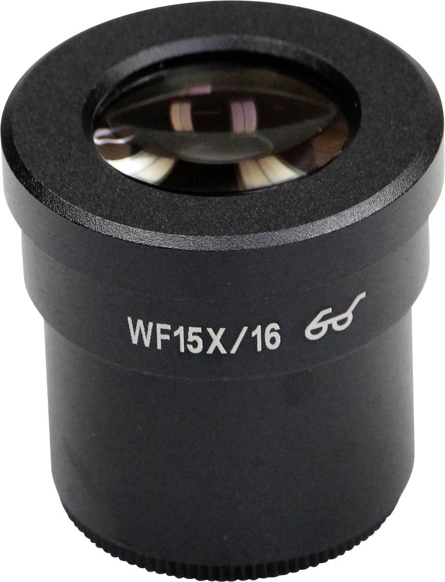 Mikroskopsko okularno steklo z napisom 'WF15X/16', črne barve, cilindrične oblike, namenjeno povečavi objektov pri opazovanju skozi mikroskop.