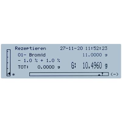 Prikazovalnik tehtnice prikazuje sprejem bromida. Podatki o teži: 11,0000 g, odstopanje ±1,0%, skupaj 10,4960 g, datum: 27-11-20, čas: 11:52:23.