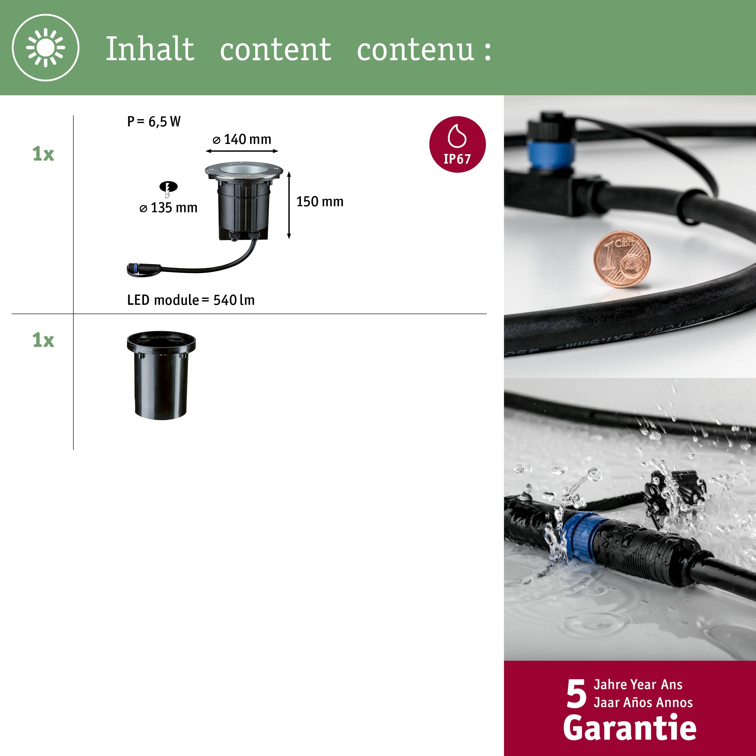 Vsebina: 1x svetilka z modulom, 6,5 W, 150 mm, P = 135 mm, 540 lm, IP67; 5 let garancije.