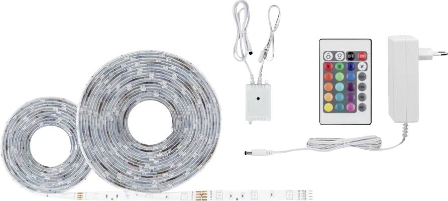 Dva zvita LED svetlobna trakova, daljinski upravljalnik s 24 tipkami v različnih barvah, napajalni kabel in adapter za napajanje.