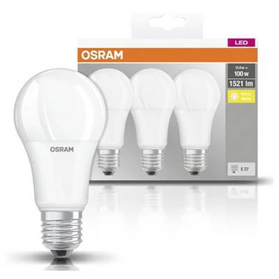 Tri OSRAM LED žarnice z vtičnico E27, 10,5 W, enakovredne 100 W, 1521 lumnov, toplo bele barve, v enem pakiranju.