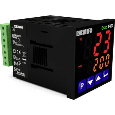Digitalni temperaturni regulator z LED-zaslonom, ki prikazuje '23°C'. Črno ohišje z zelenimi priključki in modrimi upravljalnimi gumbi na sprednji strani.