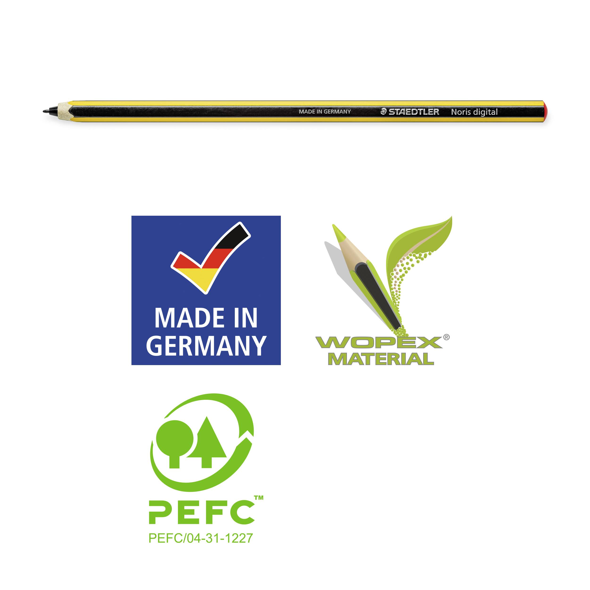 'STAEDTLER Noris digital' svinčnik, 'Made in Germany', 'Wopex Material', 'PEFC/04-31-1227' logotipi. Poudarjena trajnost in kakovost.