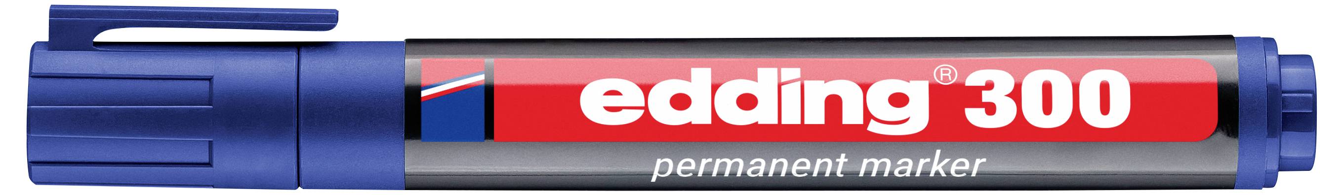 Modri marker Edding 300 s trajno barvo z zaklopom, prikazan vodoravno na beli podlagi.
