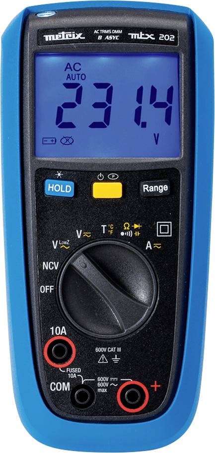 Digitalni multimeter prikazuje napetost 231,4 voltov. Ima modre in črne elemente, številne tipke in simbole.