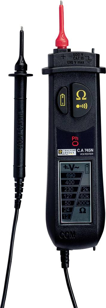 Digitalni multimeter z dvema merilnima sondama, zaslonom in različnimi merilnimi funkcijami za merjenje napetosti in preverjanje prevodnosti.