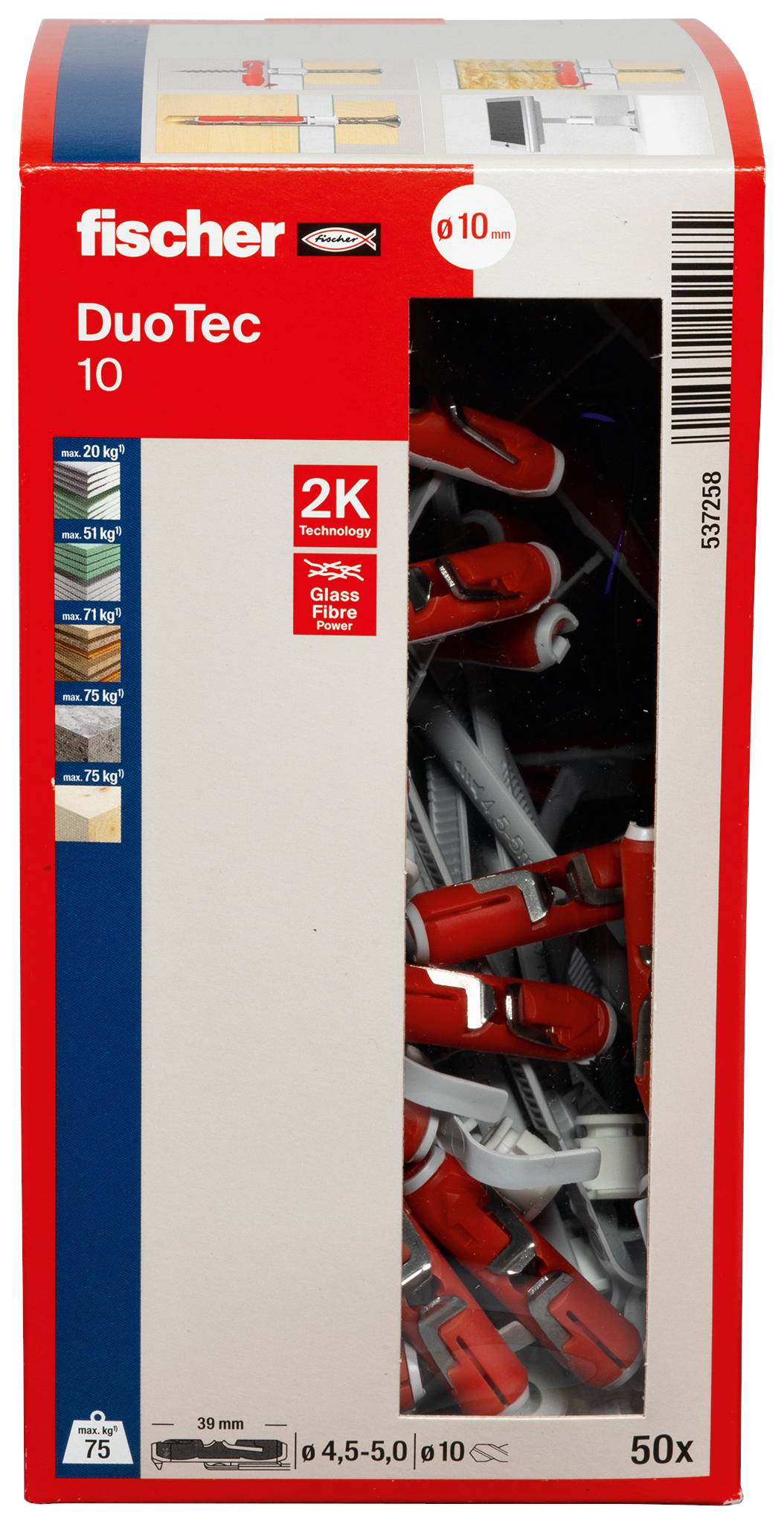 Paket sidnih zakovov fischer DuoTec 10, ki prikazuje rdeče in sive zakovce v škatli označeni s 50x in '2K Technology'.