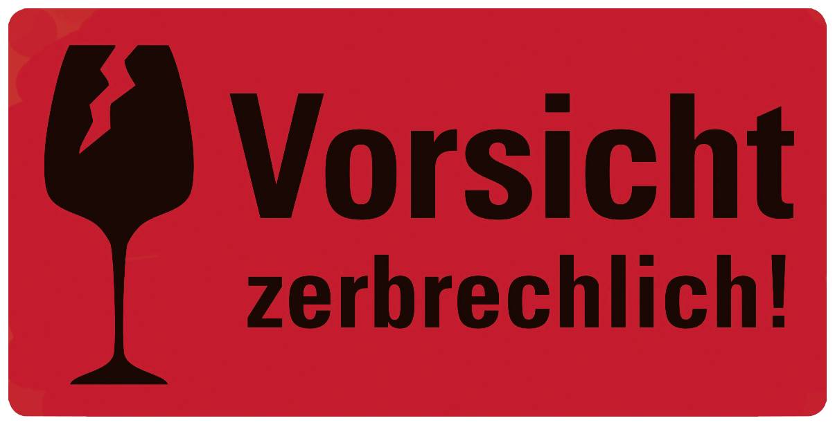 Rdeč znak z simbolom zlomljene steklenice in besedilom 'Previdno, krhko!' s črnimi črkami.