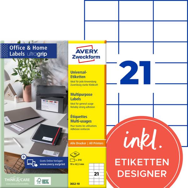 Avery-Zweckform 3652-10  70 x 42.3 mm papir bela 210 kos permanentno univerzalna etiketa tinto, laserski, kopiranje 10 List DIN A4