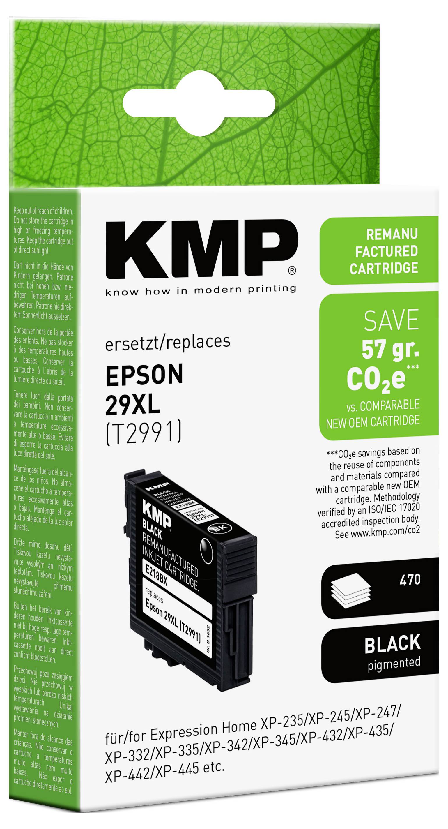 Embalaža KMP črne redelo proizvedene kartušse Epson 29XL, ki prikazuje "prihranek 57 g CO2" in združljivost s tiskalniki Epson XP.