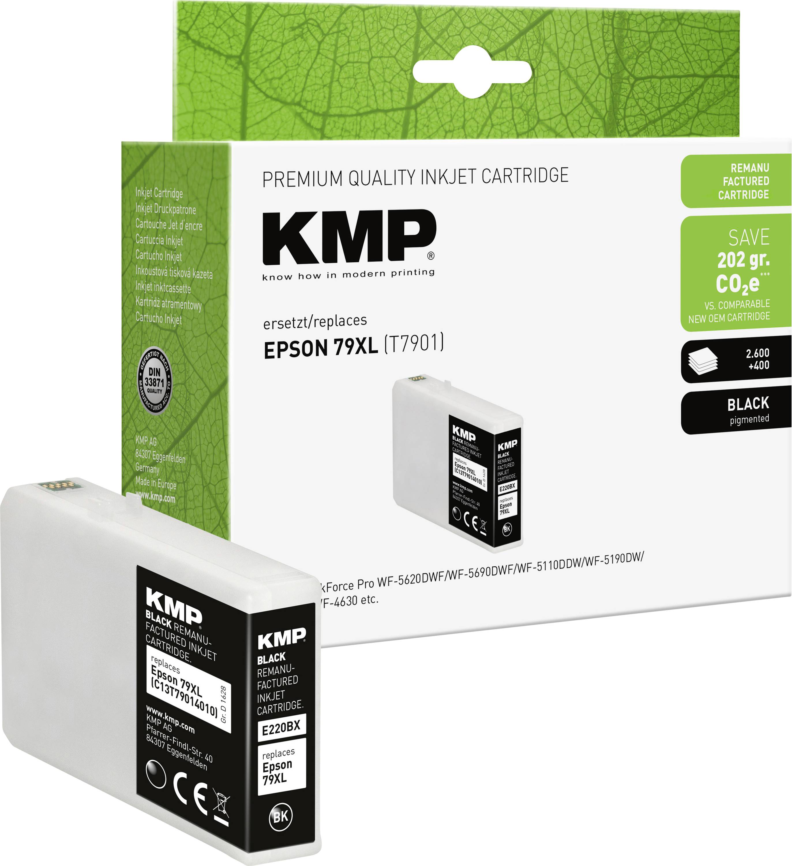Škatla in kartuša premium kakovostnega črnega črnila KMP za Epson 79XL, s prikazanim 'prihrankom 202 g CO2e' in 2.600 stranmi.