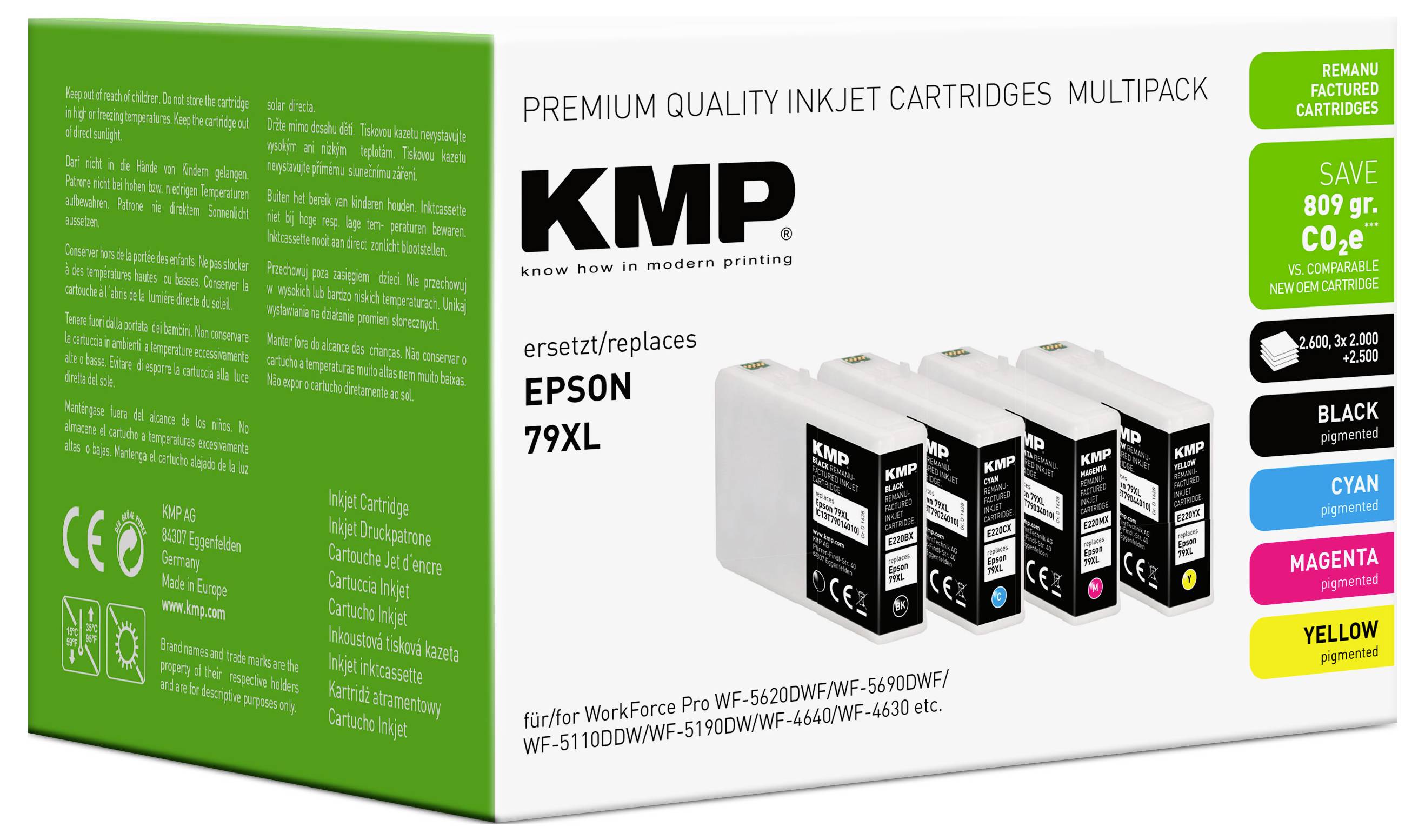 KMP kakovosten multipack kartuš za brizgalni tiskalnik za Epson 79XL, s prikazanimi črno, ciano, magento in rumeno nadomestno kartuško ter kompatibilnimi modeli tiskalnikov.