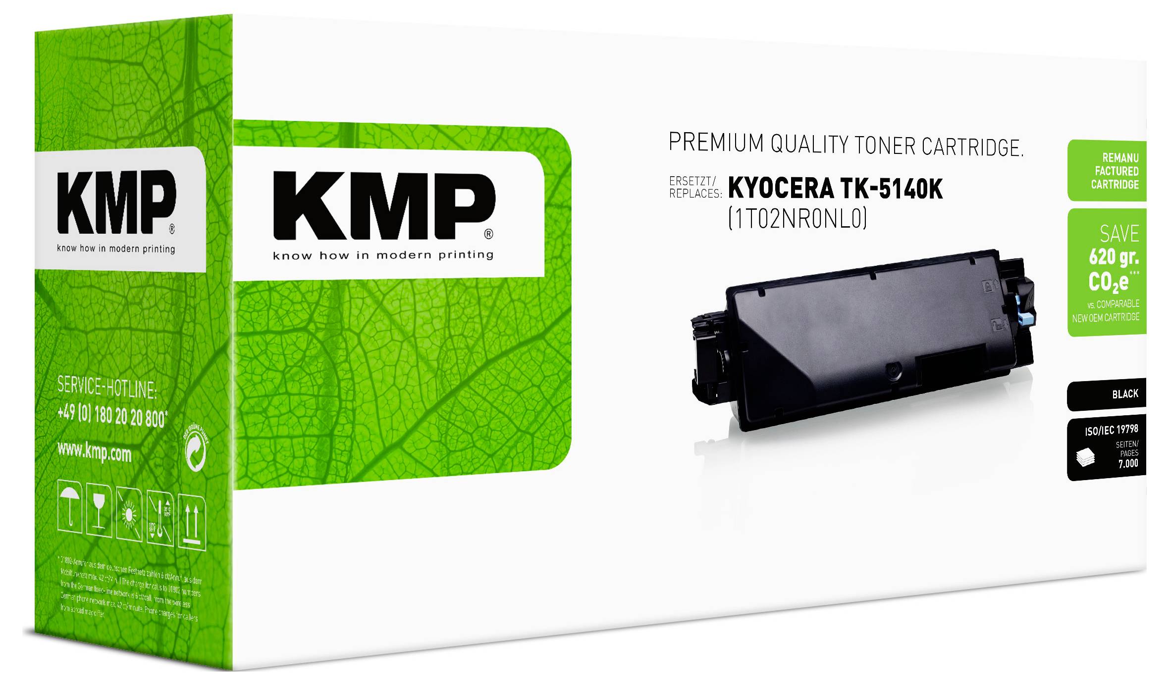 Embalaža kakovostnega tonerja KMP premium za Kyocera TK-5140K, ki prikazuje črn tonerski vložek in zeleno blagovno znamko KMP.