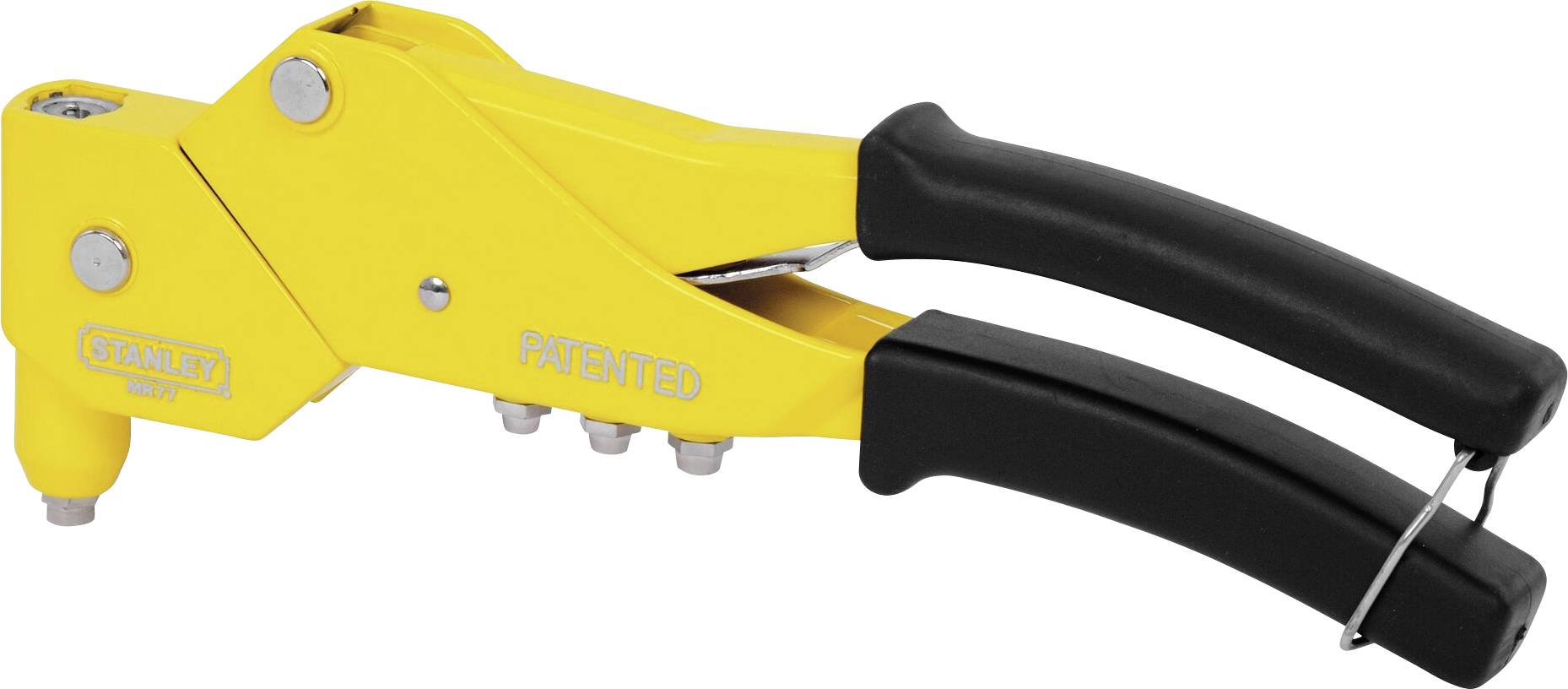Rumena klešče Nietzange z črnim ročajem. Na levi strani klešč je napisano 'Stanley' in na desni 'Patented'. Uporabljene za spajanje materialov.
