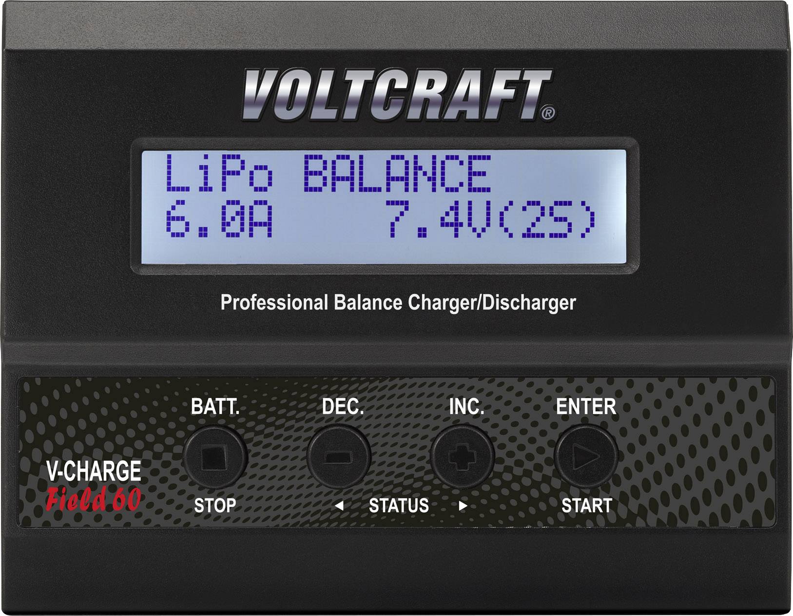 Polnilec z zaslonom: Prikazan LiPo Balance 6.0A 7.4V (2S). Tipke: Stop, Status, Start. Znamka: Voltcraft. Model: V-Charge Field 60.