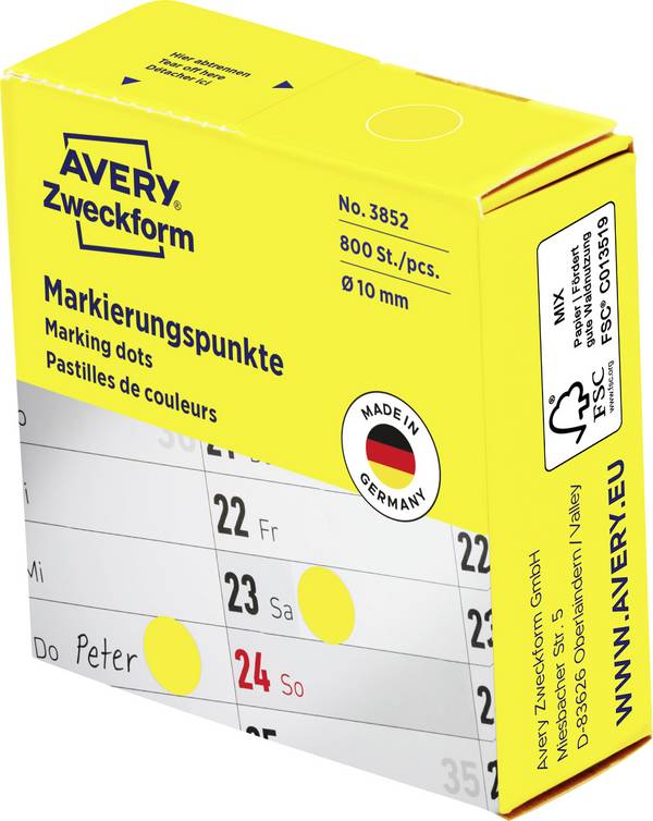 Avery-Zweckform 3852 označevalne točke Ø 10 mm rumena 800 kos permanentno papir