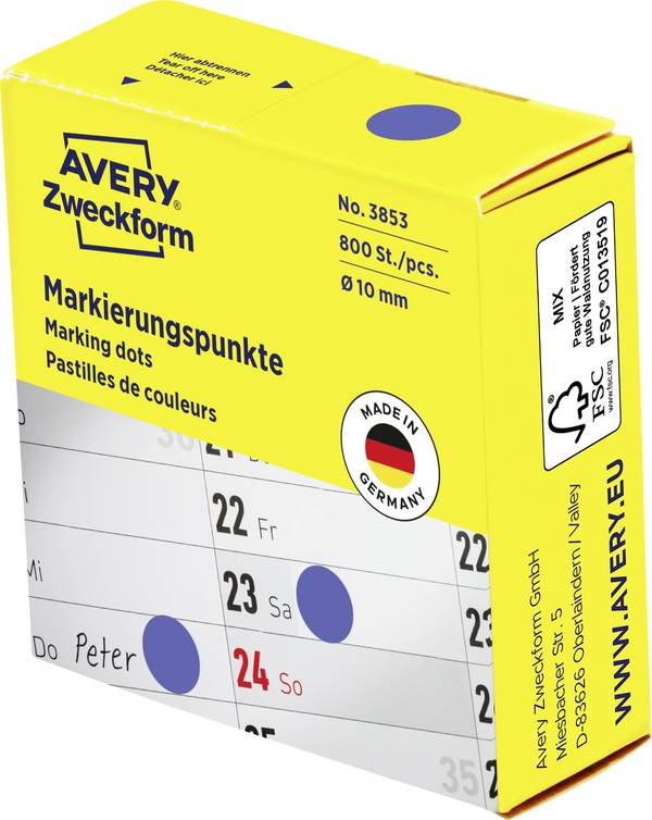 Avery-Zweckform 3853 označevalne točke Ø 10 mm modra 800 kos permanentno papir