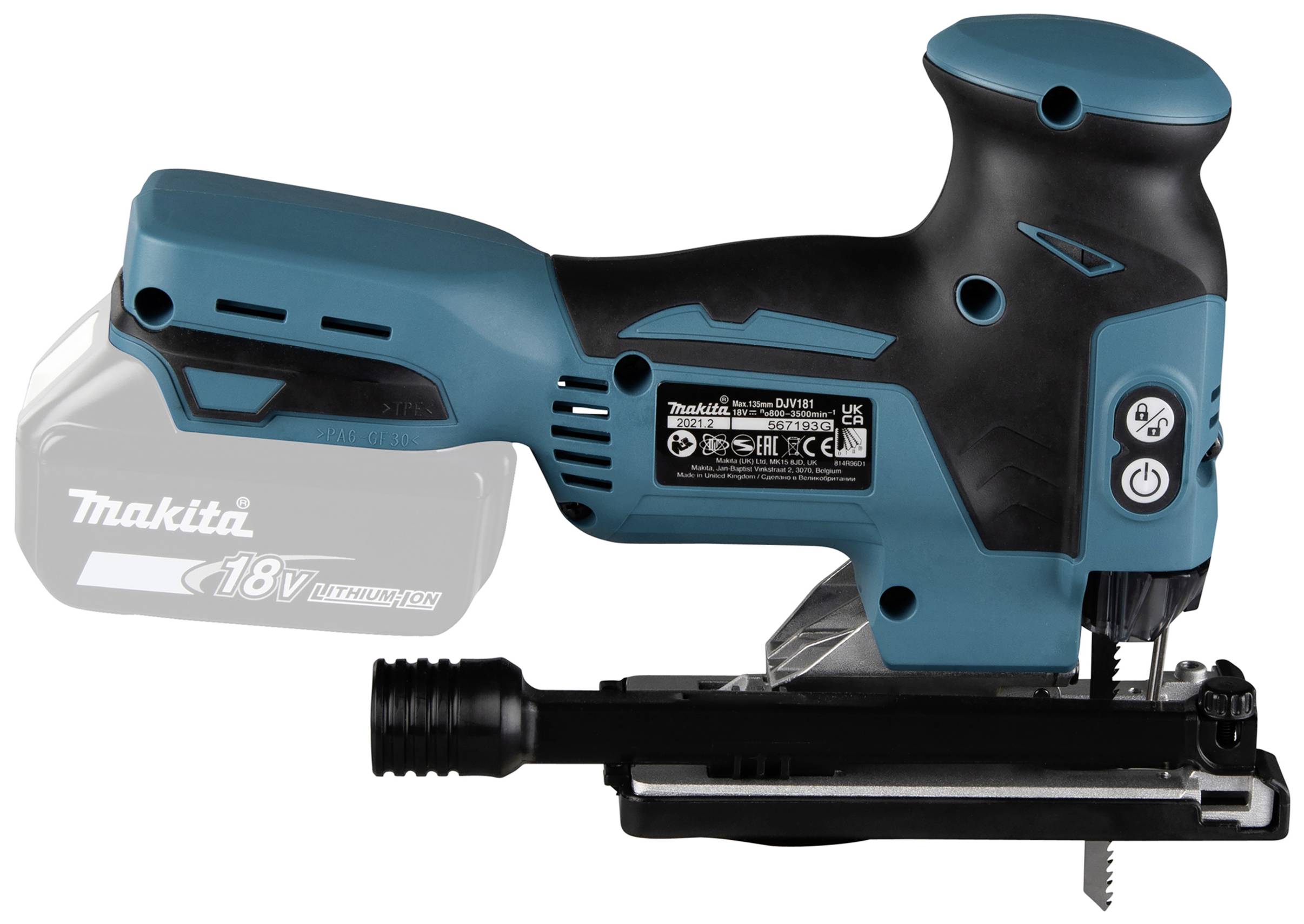 Brezžična vbodna žaga z ergonomskim ročajem in vidnim žaginim listom. Napis: 'Makita 18V LXT' na prostoru za baterijo.