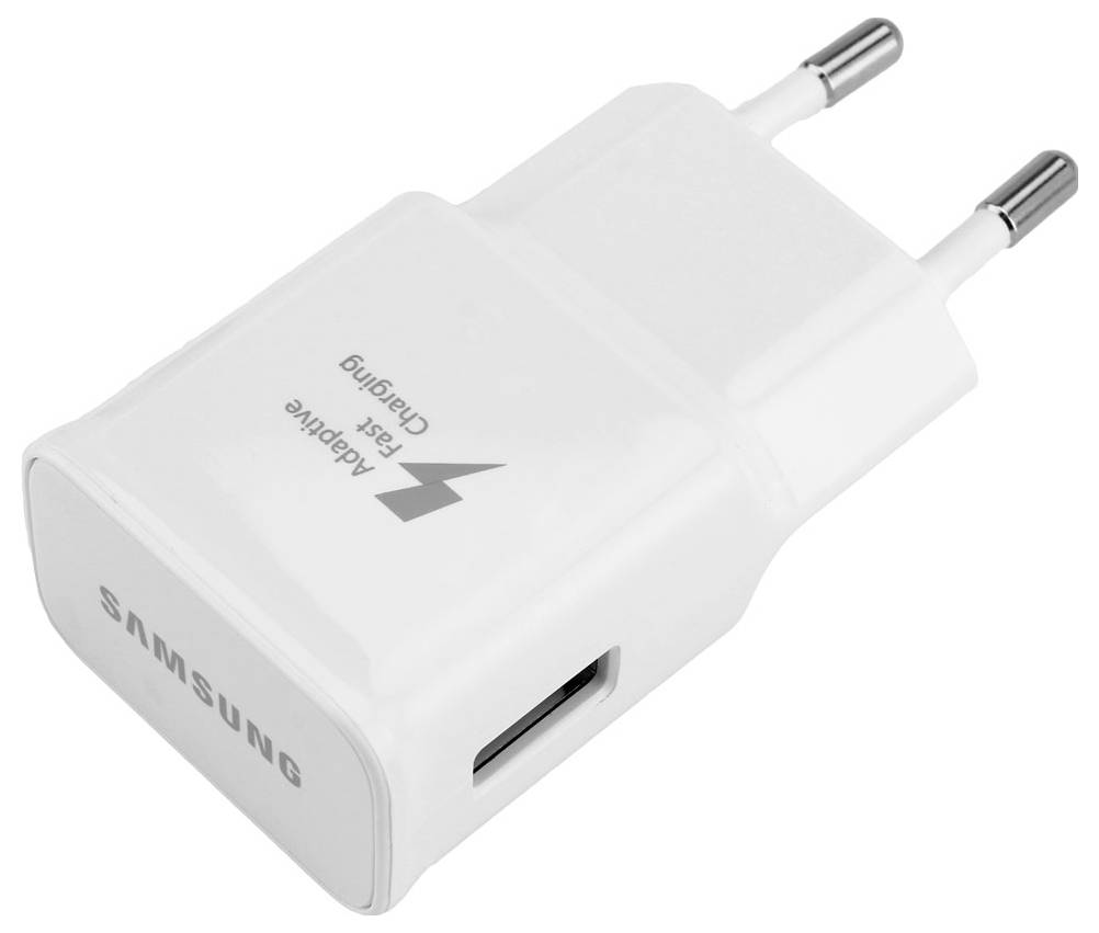 Bel Samsung adapter za hitro polnjenje Adaptive Fast Charging z USB vhodom in dvopinskim vtikačem.