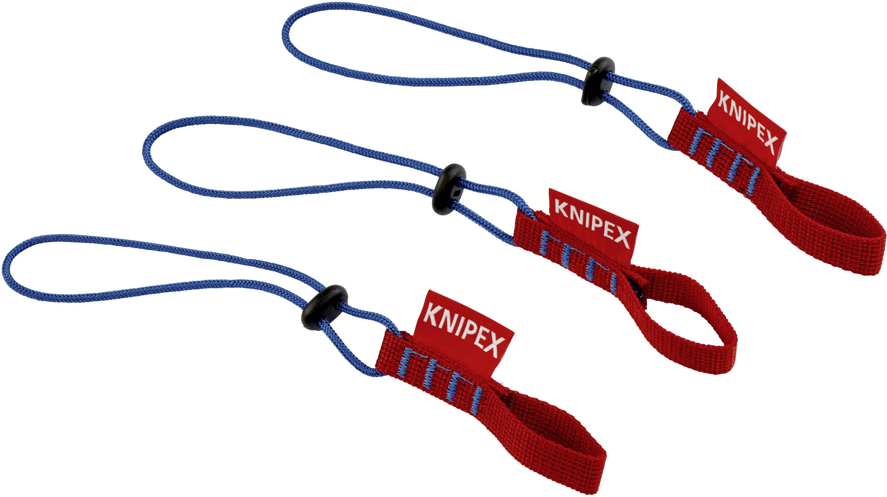 Tri rdeče zanke za orodje z modrimi vrvmi in sponkami, vsaka označena z blagovno znamko 'KNIPEX'.
