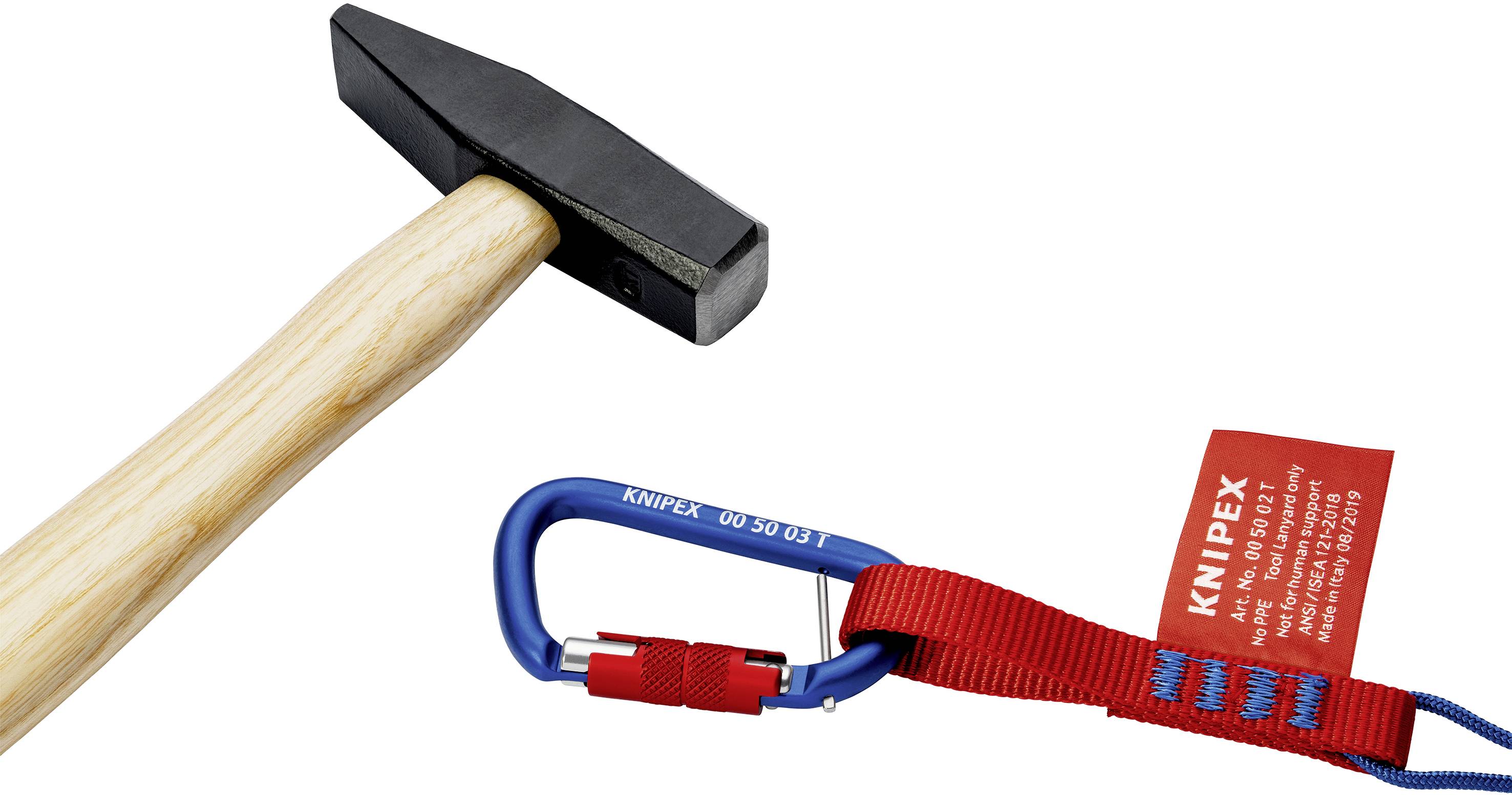 Kladivo in karabinski kavelj z rdečim trakom, na katerem piše 'KNIPEX'.