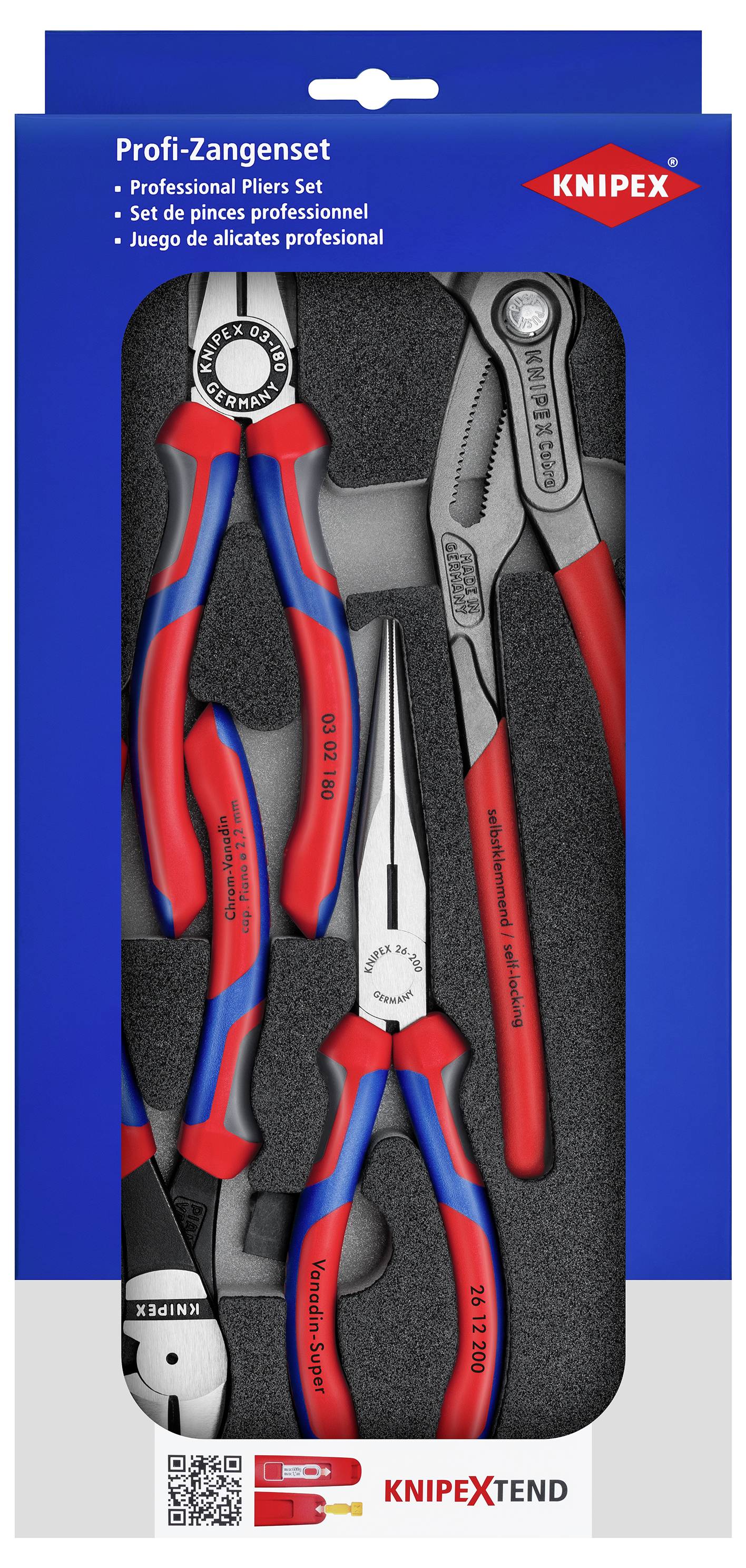 Primer KNIPEX profesionalnega kompleta klešč v embalaži, ki ga sestavljajo stranski rezalnik, klešče z dolgimi čeljustmi in klešče za vodovodne pipe.