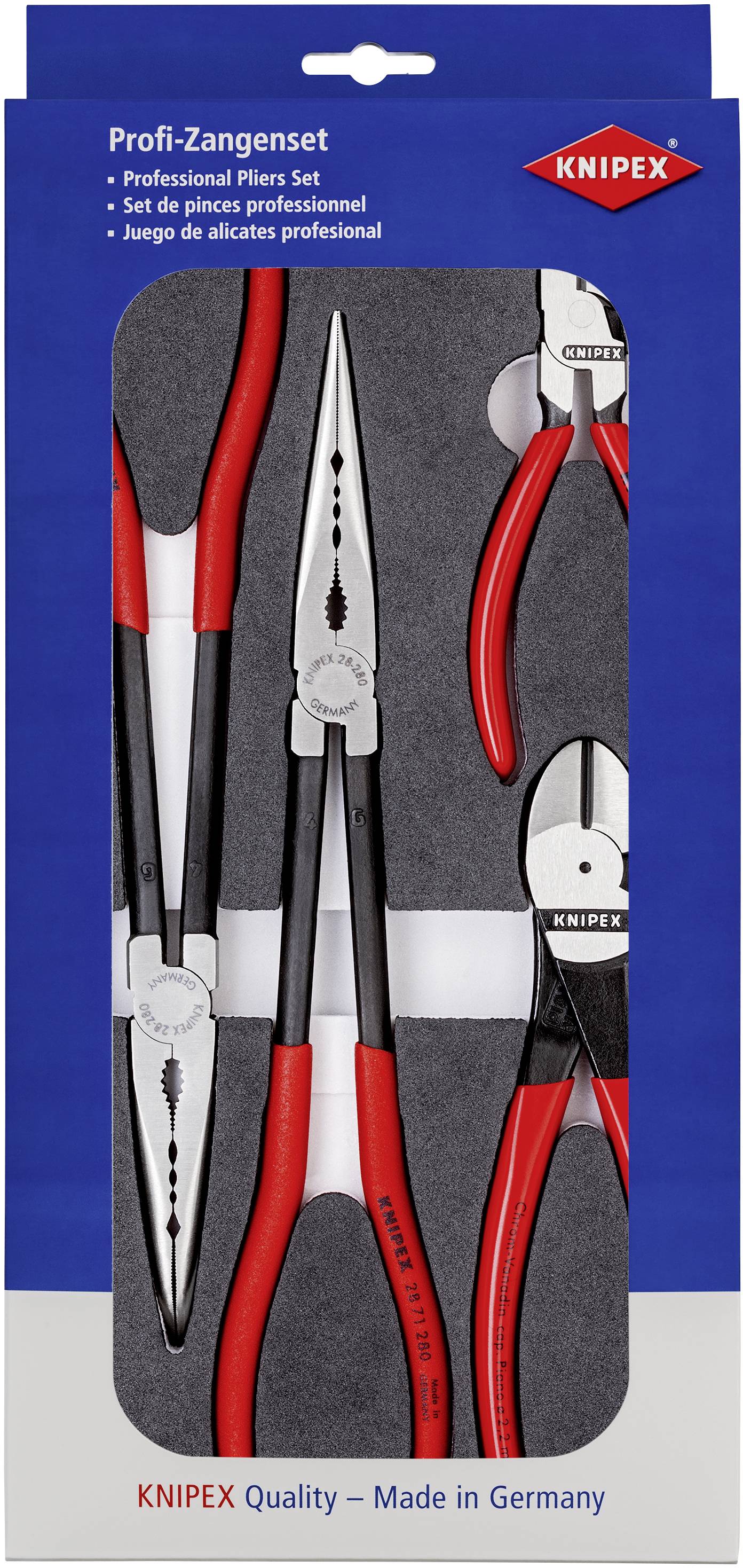 Profesionalni set klešč Knipex, sestavljen iz različnih klešč z rdečimi in črnimi ročaji v modri embalaži.