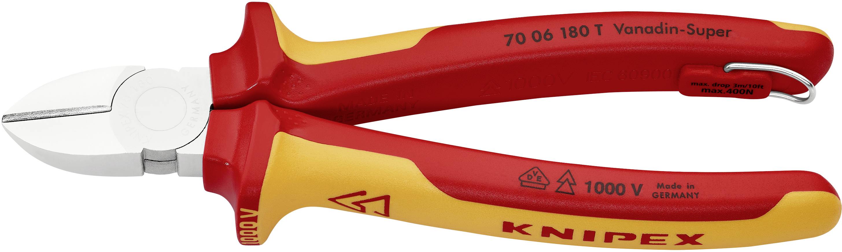 Klešče z rdečimi in rumenimi ročaji. Napis 'Knipex' in varnostne oznake. Orodje za rezanje žic.