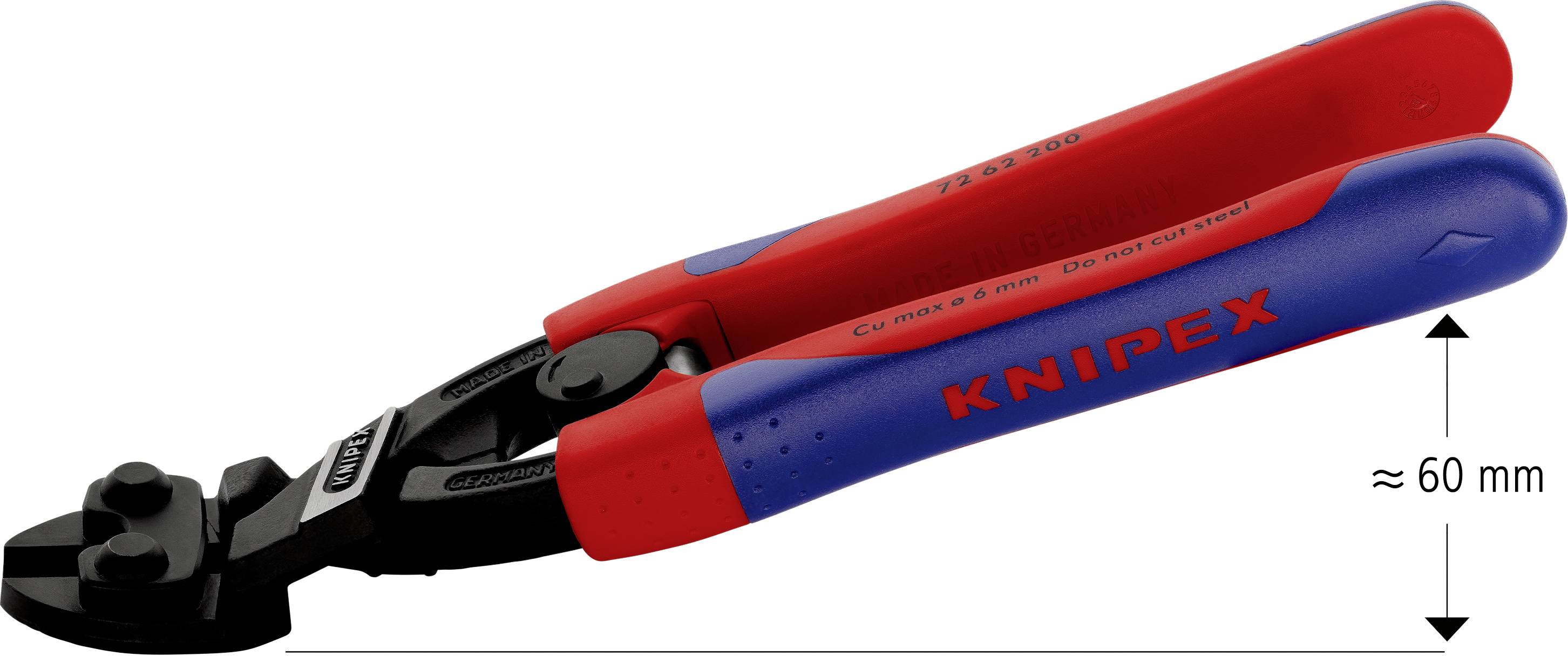 Rdeče-modra Knipex klešče za rezanje vijakov, velikosti približno 60 mm, primerne za rezanje bakra do maks. 6 mm.