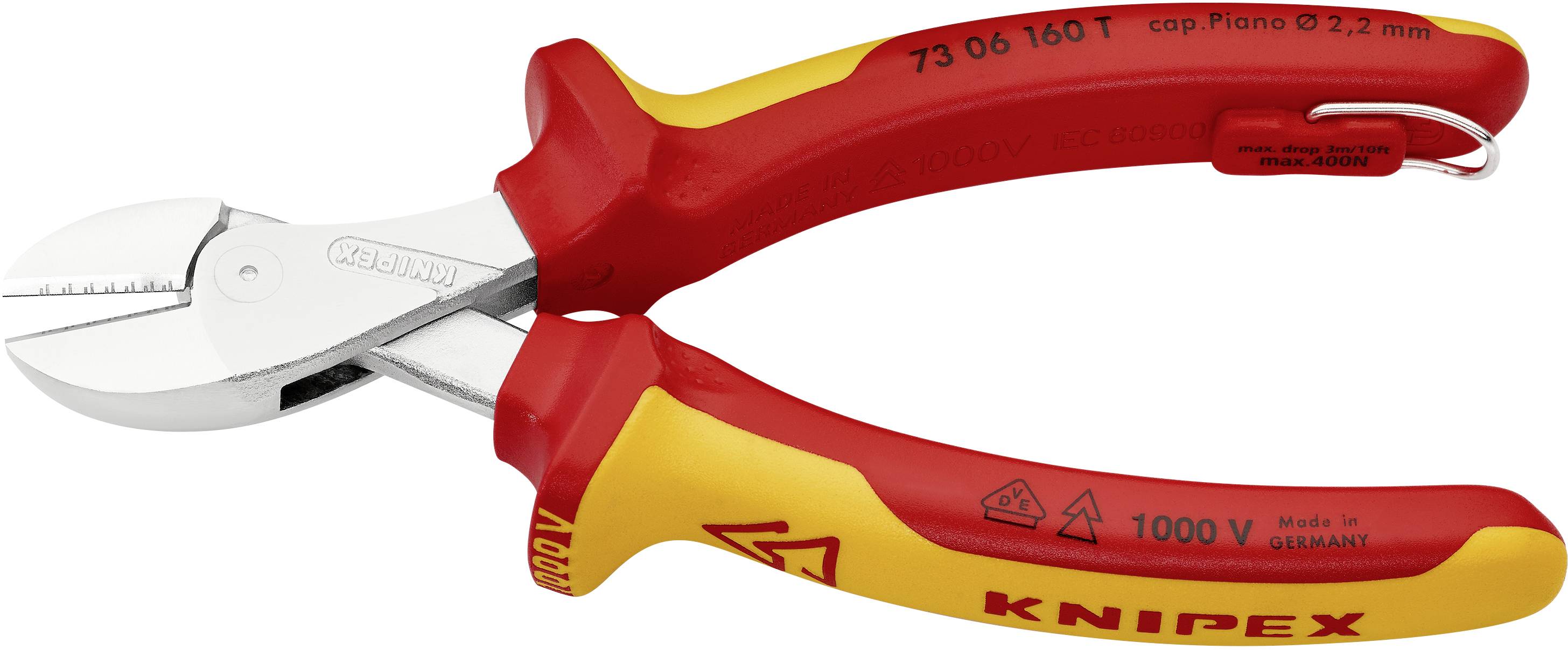 Izolirana stranska ščipalna klešča v rdeči in rumeni barvi, primerne za napetosti do 1000V. Izdelane v Nemčiji. Blagovna znamka vidna na kleščah.