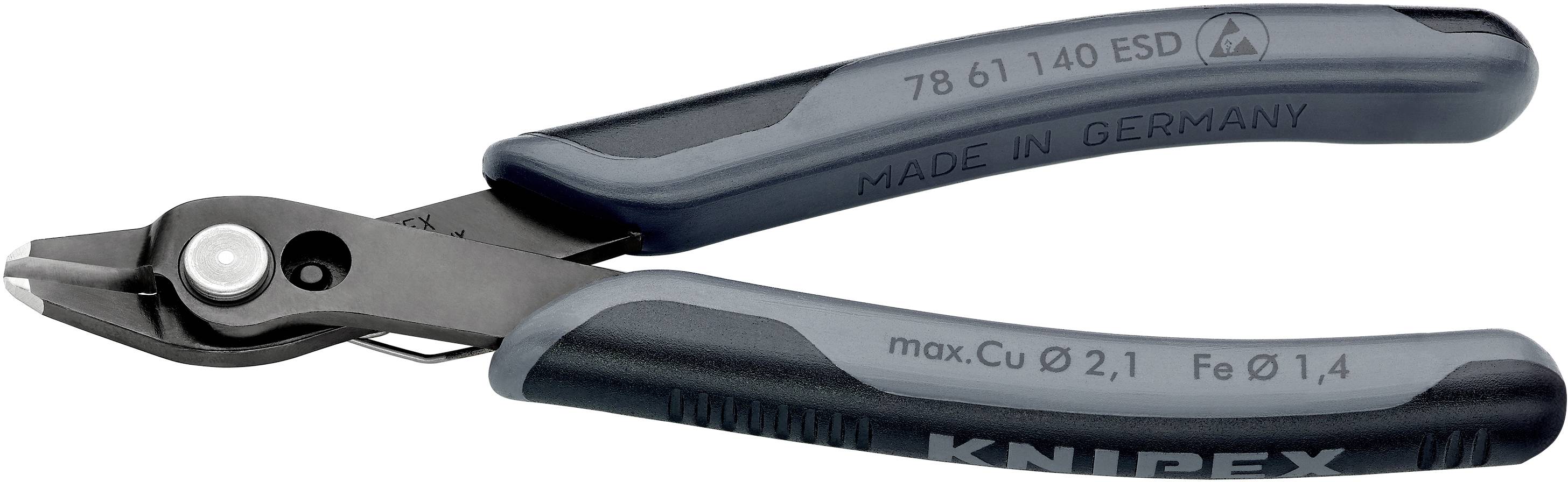 Stranski rezalnik iz črnega kovine z sivim plastičnim ročajem, z napisom 'Knipex' in 'Made in Germany'.