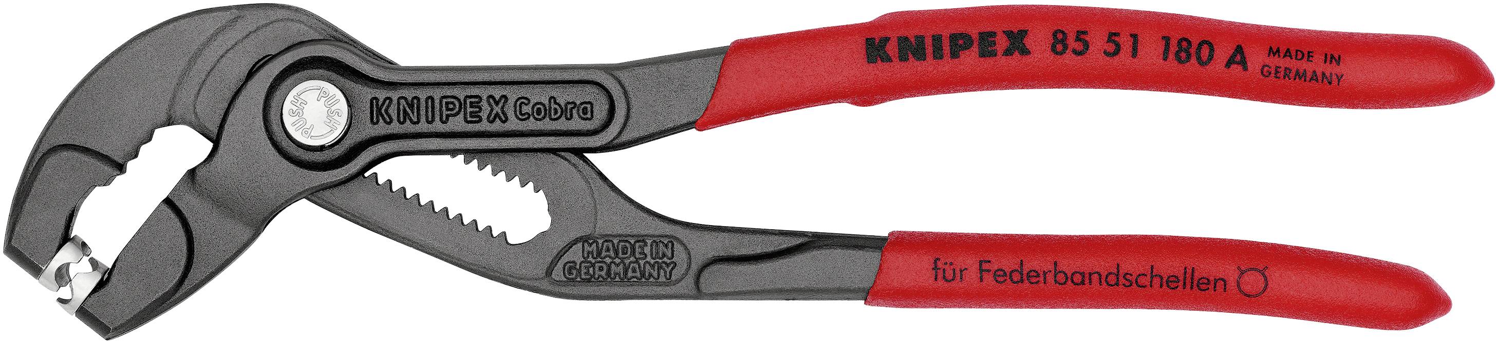 Vodna klešča znamke KNIPEX, model 85 51 180 A, z rdečimi ročaji. Razvita za vzmetne objemke, 'Izdelano v Nemčiji'.